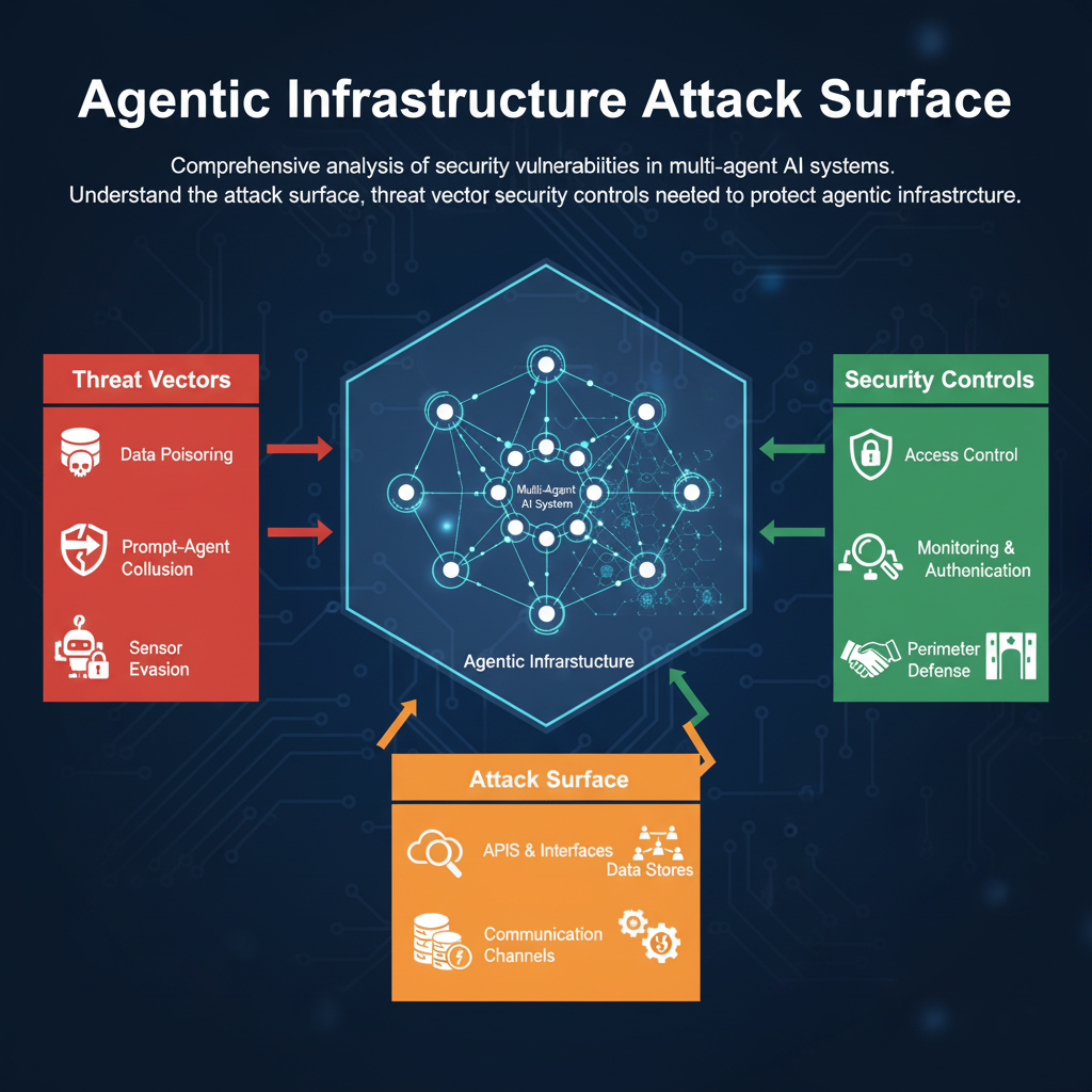 Agentic Infrastructure Attack Surface diagram showing threat vectors (data poisoning, prompt-agent collusion, sensor evasion), attack surface (APIs, interfaces, communication channels), and security controls (access control, monitoring, perimeter defense) surrounding a multi-agent AI system