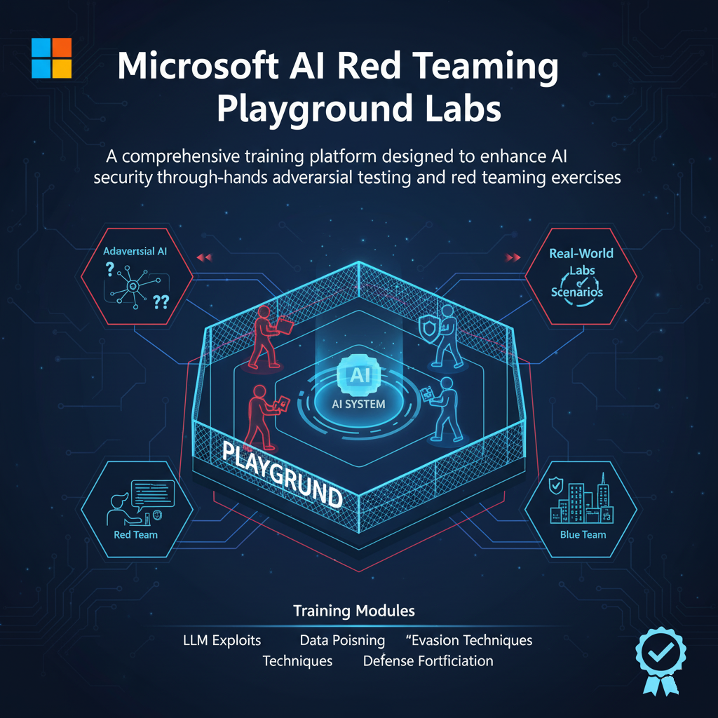 Microsoft AI Red Teaming Playground Labs - Comprehensive training platform showing adversarial AI testing, real-world lab scenarios, red team and blue team dynamics, with training modules for LLM exploits, data poisoning, evasion techniques, and defense fortification